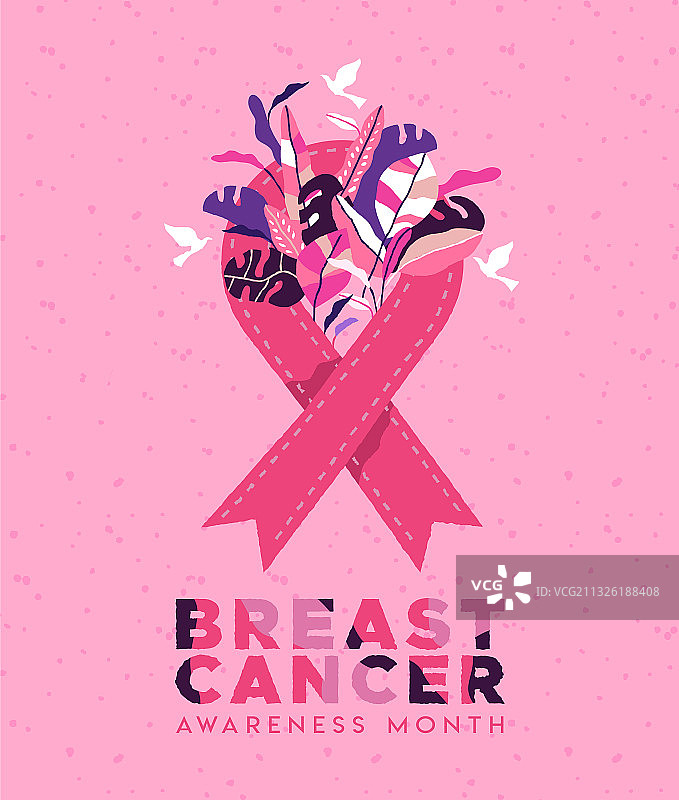 乳腺癌防治：粉色热带叶子丝带图片素材