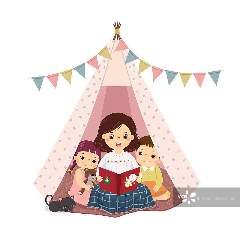 母亲和孩子一起读书图片素材