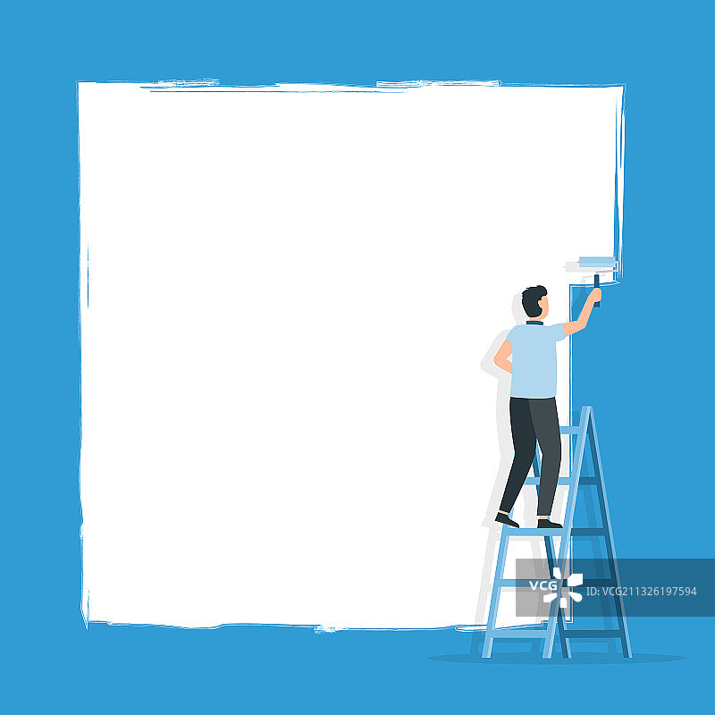 在梯子上粉刷墙壁的工人图片素材