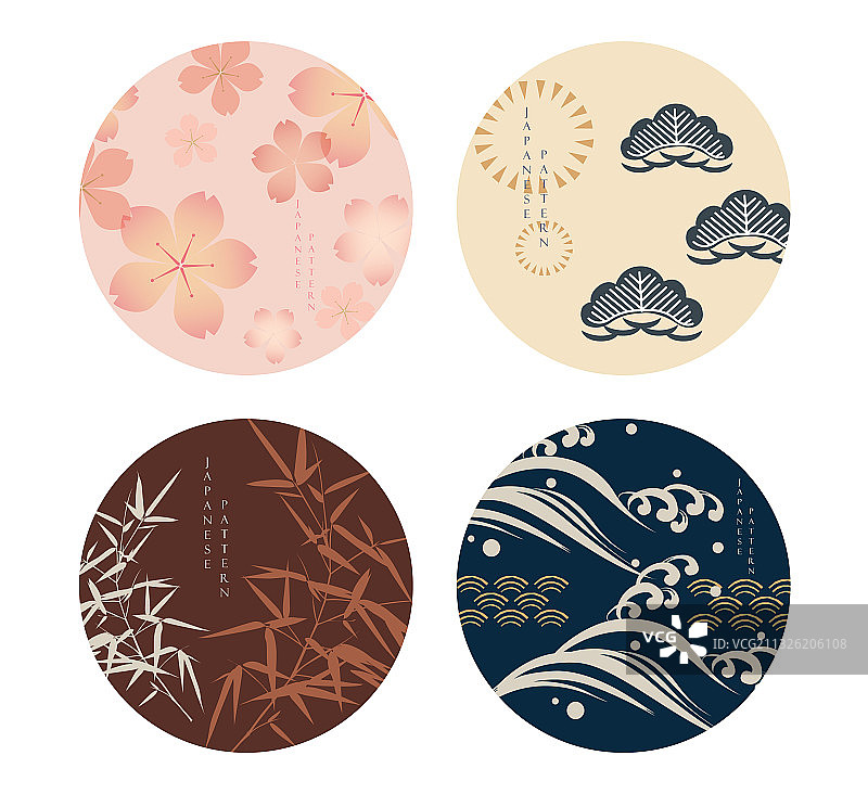 带日本樱花的亚洲圆形图标集图片素材