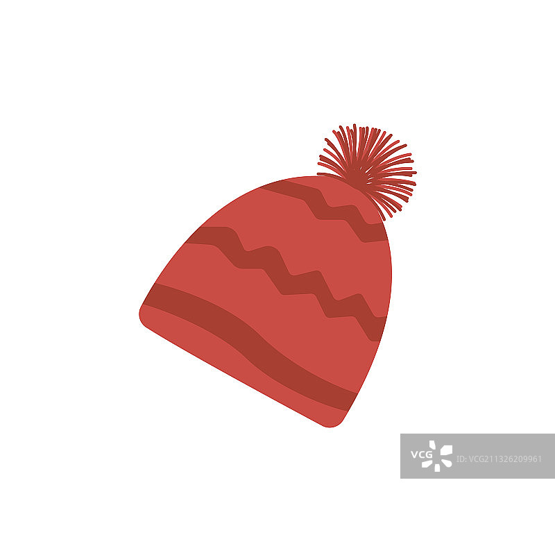 带绒球的温暖冬季红色帽子扁平隔离图片素材
