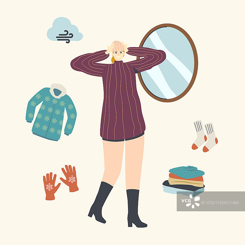 试穿时髦的暖和服装的女性角色图片素材