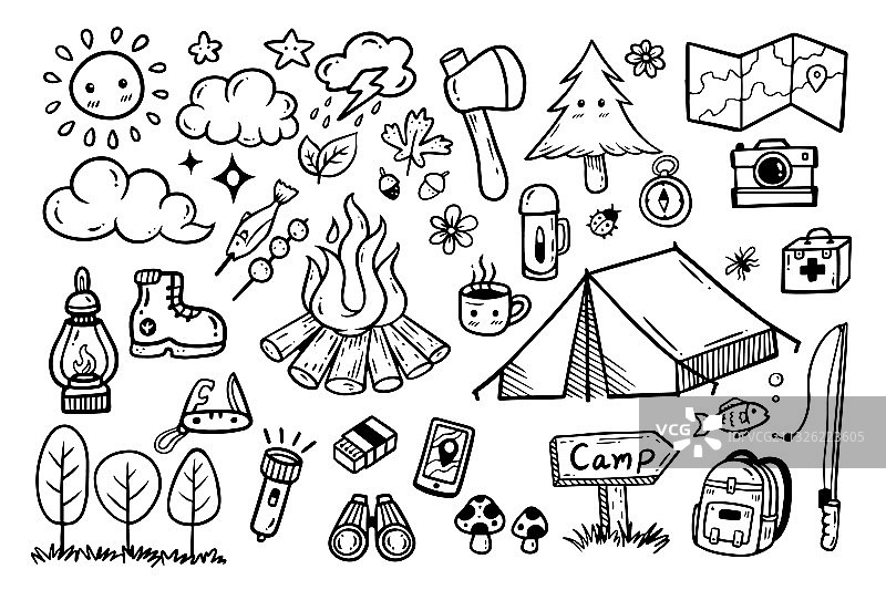 露营和徒步旅行手绘涂鸦图片素材