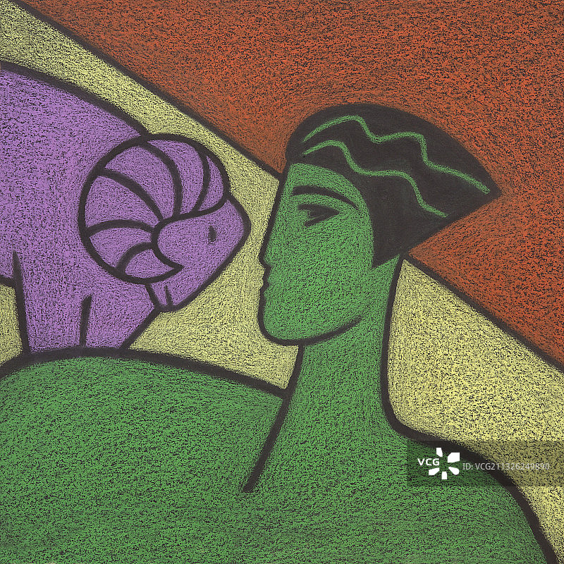 女性与公羊的彩色绘画：白羊座插画图片素材