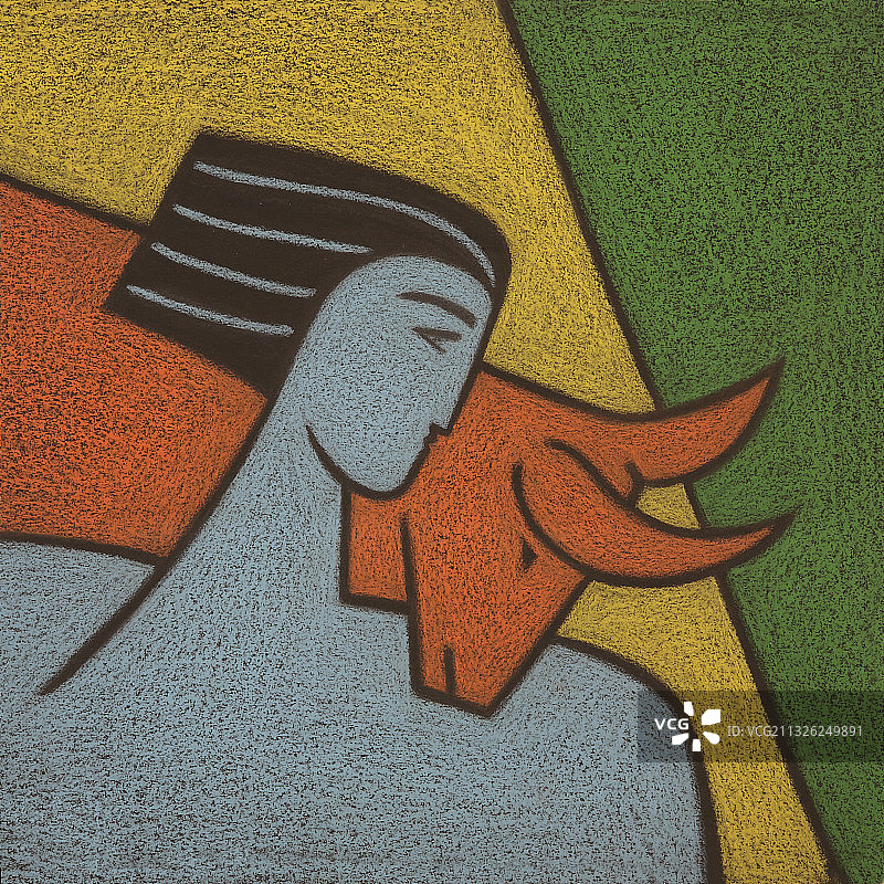 女人肩扛公牛的彩色绘画：金牛座插图图片素材