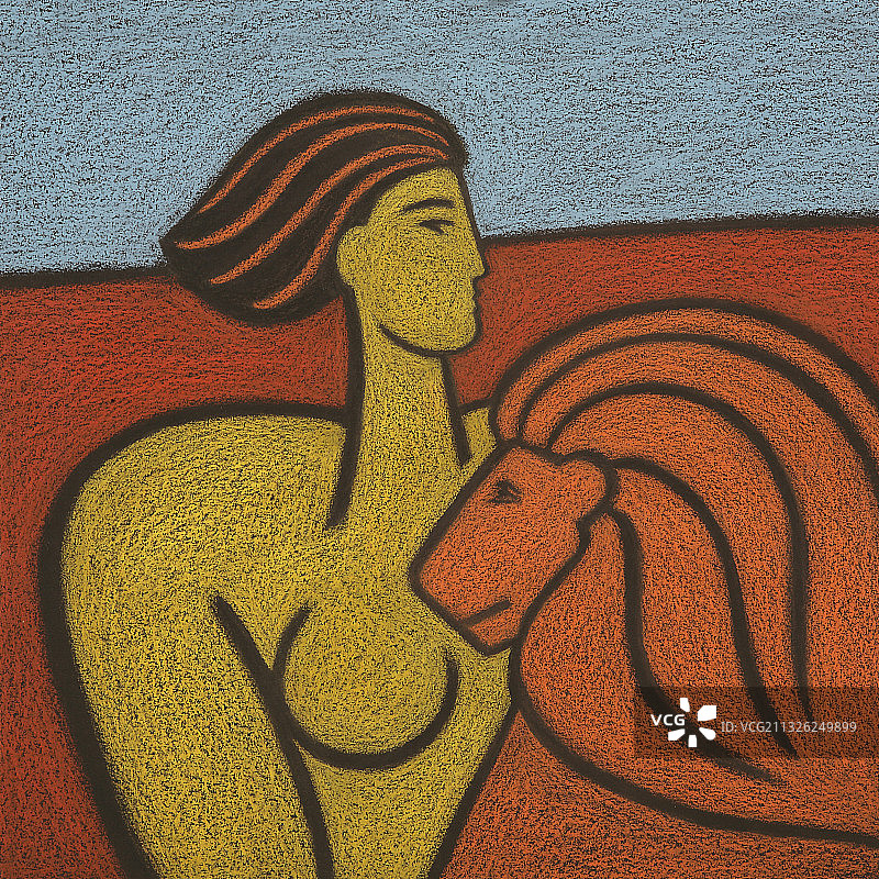 母狮头像旁的彩色绘画，狮子座标志插图图片素材