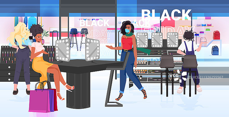 戴着口罩的混合种族女性在挑选化妆品图片素材