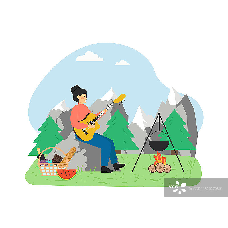夏季烧烤场景：女子弹吉他图片素材