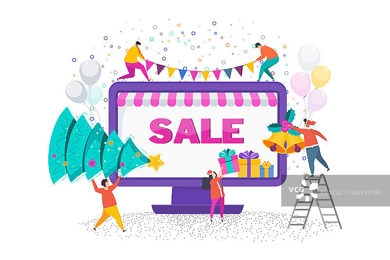 在线商店圣诞促销扁平卡片图片素材