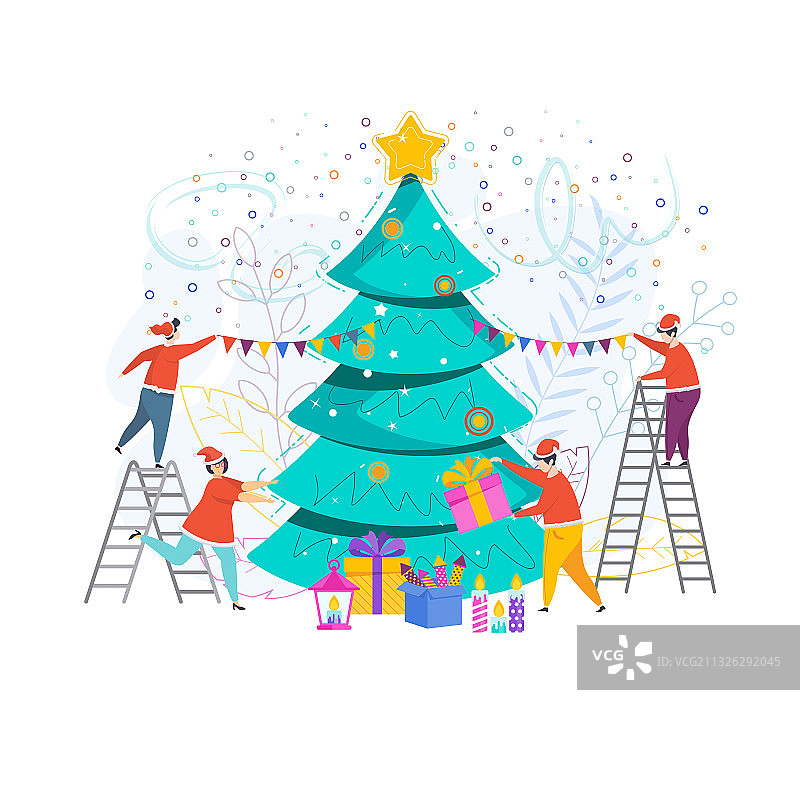 一群人装饰圣诞树图片素材