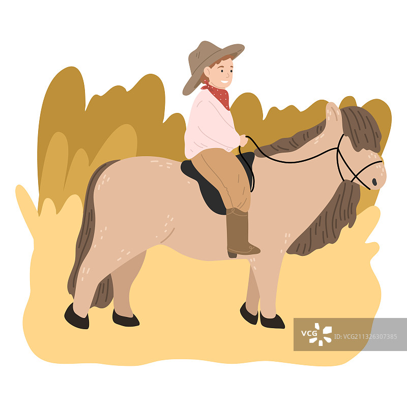 戴帽子的快乐小男孩坐在棕色小马背上图片素材