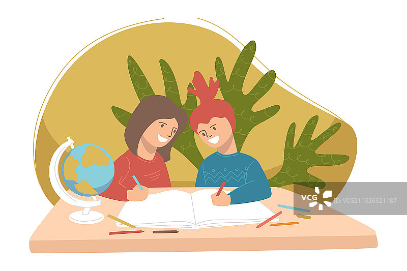孩子们在地理课上结对学习图片素材