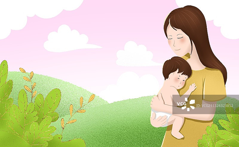 年轻妈妈抱着婴儿节日插画图片素材