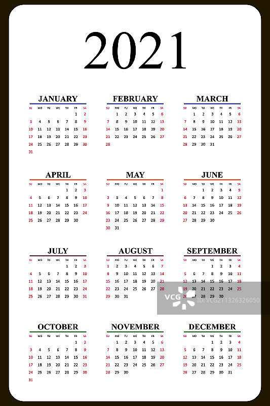 2021年周起始于周日的日历图片素材