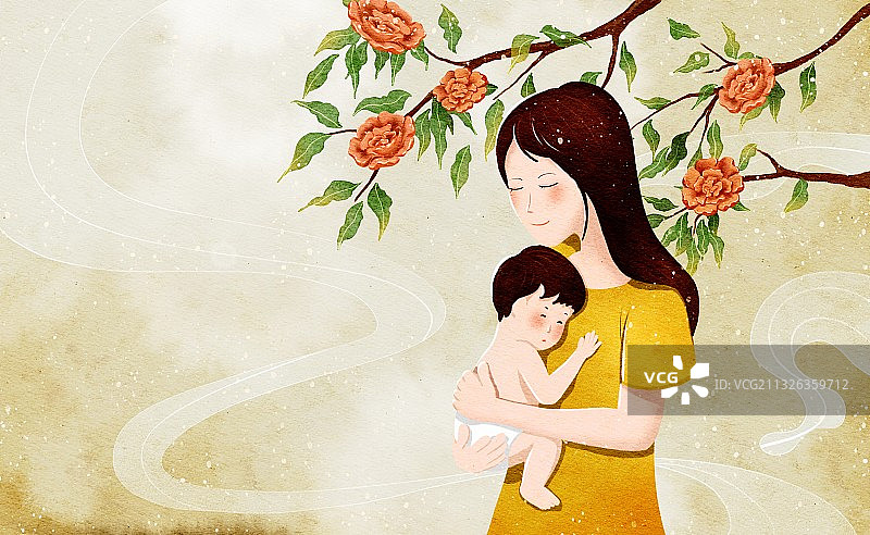 年轻的母亲和婴儿水彩插画图片素材