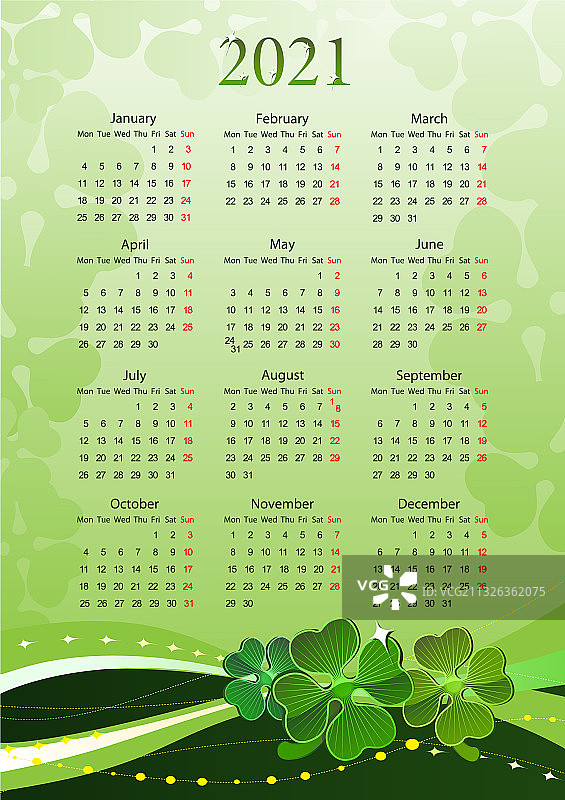 带有三叶草的2021年圣帕特里克节日历图片素材