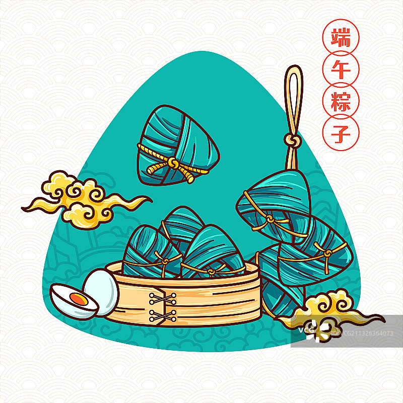 端午节粽子蒸笼祥云鸭蛋卡通国潮插画图片素材