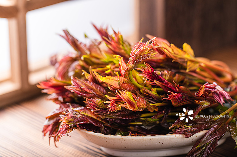 春季特色美食蔬菜一盘香椿芽特写图片素材