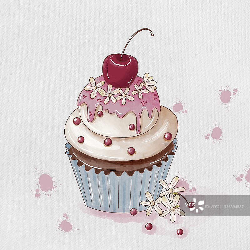 樱桃杯子蛋糕水彩图片素材