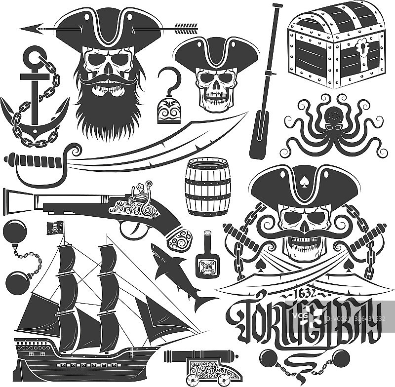 海盗标志或纹身创作元素套装图片素材