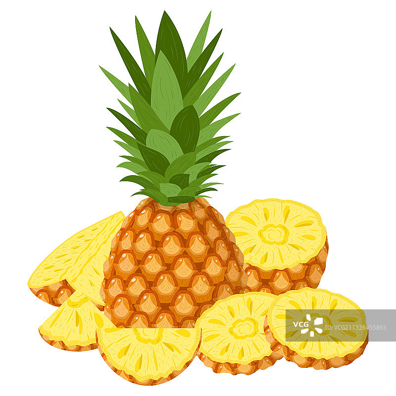 新鲜的完整、半个和切片菠萝图片素材