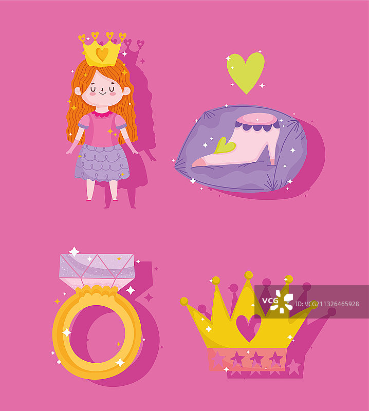 公主鞋戒指和皇冠卡通图标套装图片素材