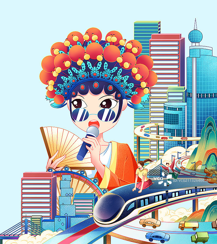 国潮城市粤剧插画图片素材