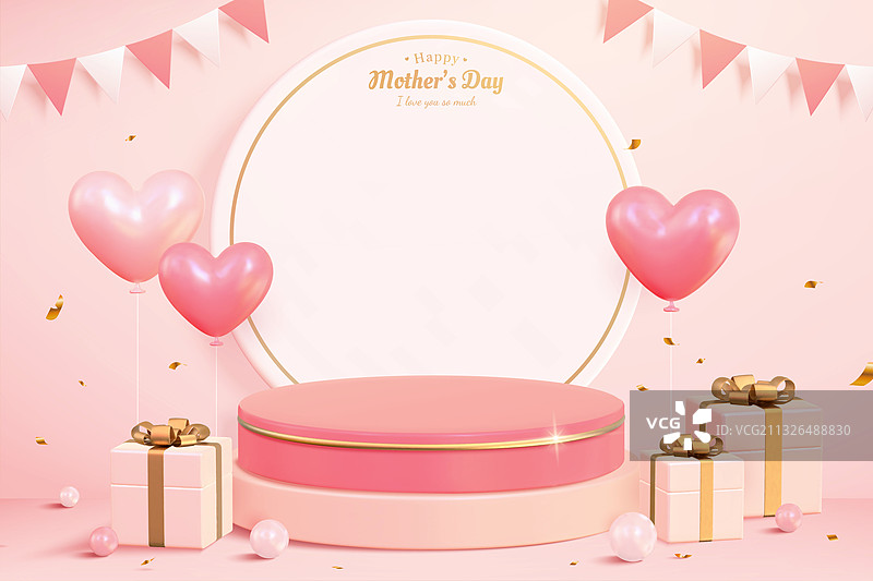 三维浪漫母亲节庆贺舞台 爱心气球与礼物图片素材