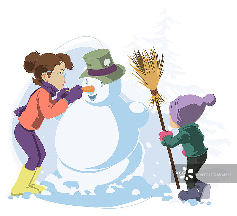 冬季乐趣：女孩与雪人图片素材