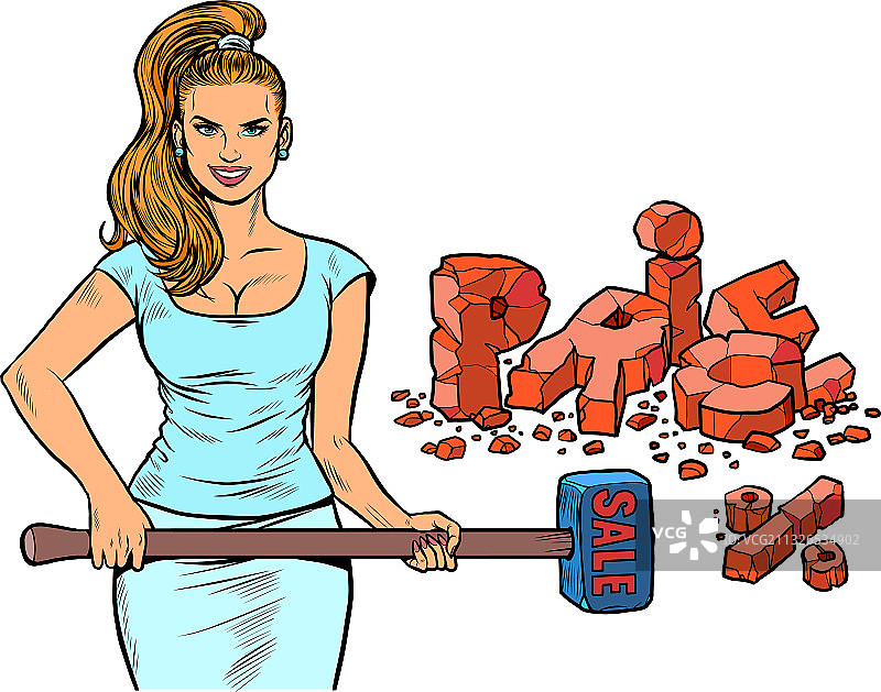 女子用锤子砸价格牌图片素材
