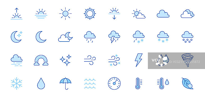 天气线性图标集：晴天、雨天、雷暴图片素材