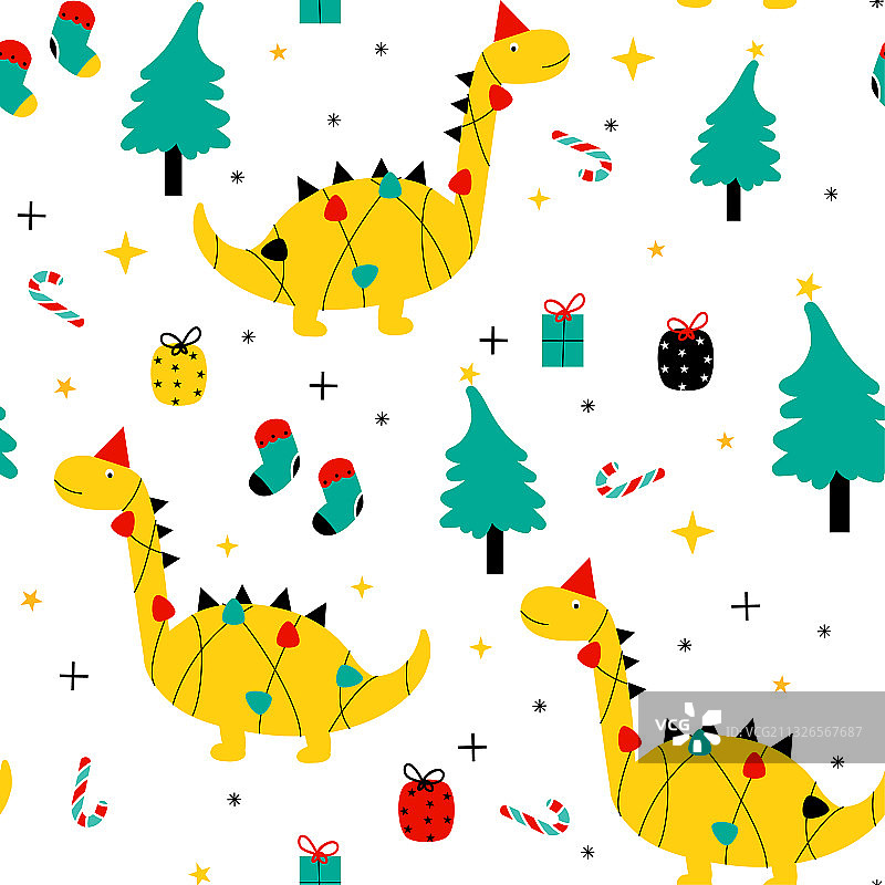 可爱的恐龙和圣诞快乐无缝图案图片素材