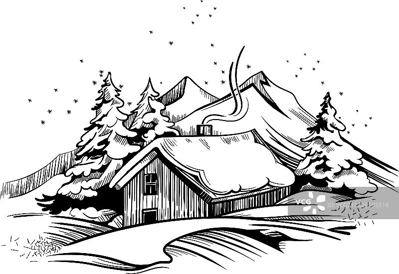 手绘房屋的冬季景观图片素材