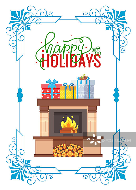 节日快乐主题石制壁炉与礼品盒图片素材