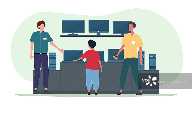 男孩购买笔记本电脑或电视屏幕图片素材