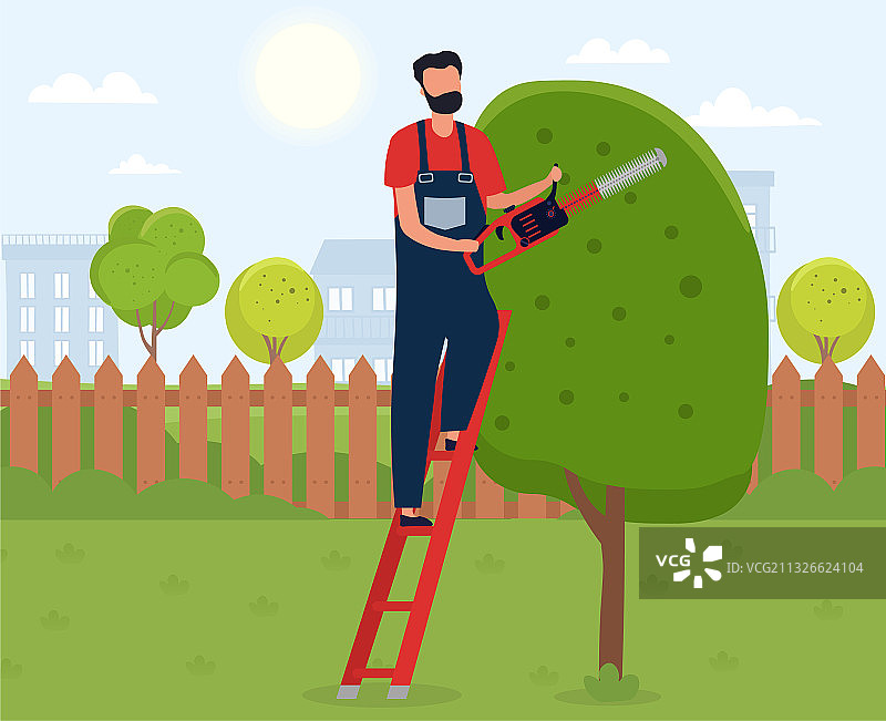 工匠用割草机修剪树木图片素材