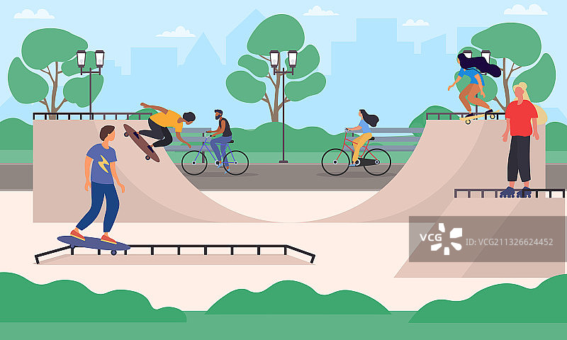 青少年骑自行车、滑板车、滑板图片素材