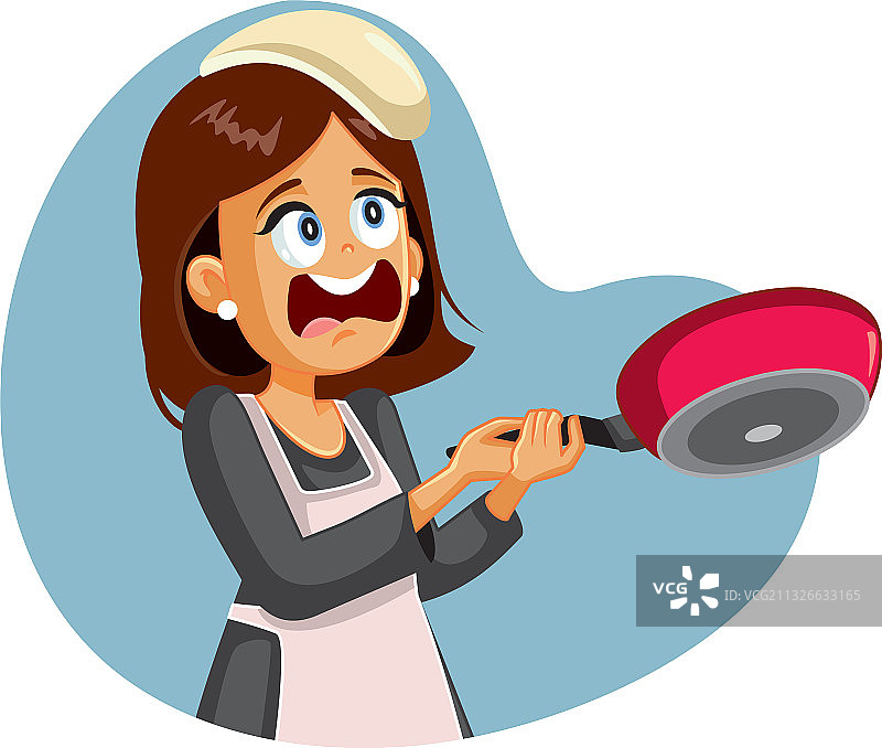 有趣的女性厨师煎饼失误图片素材