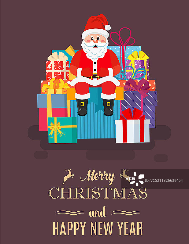 圣诞老人坐在装满礼物的盒子旁图片素材