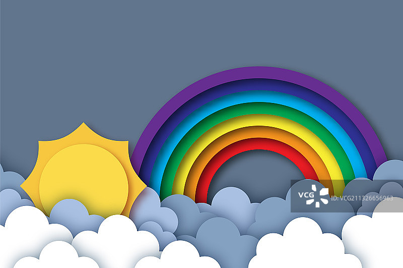 阳光彩虹夏季剪纸风天空云朵图片素材
