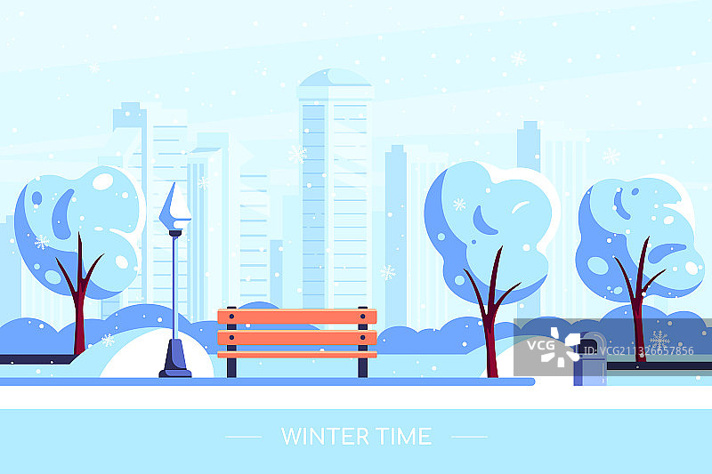 冬季城市公园扁平风格长椅图片素材