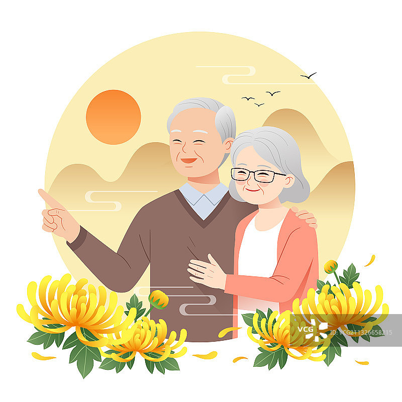 两位老人和菊花等插画图片素材