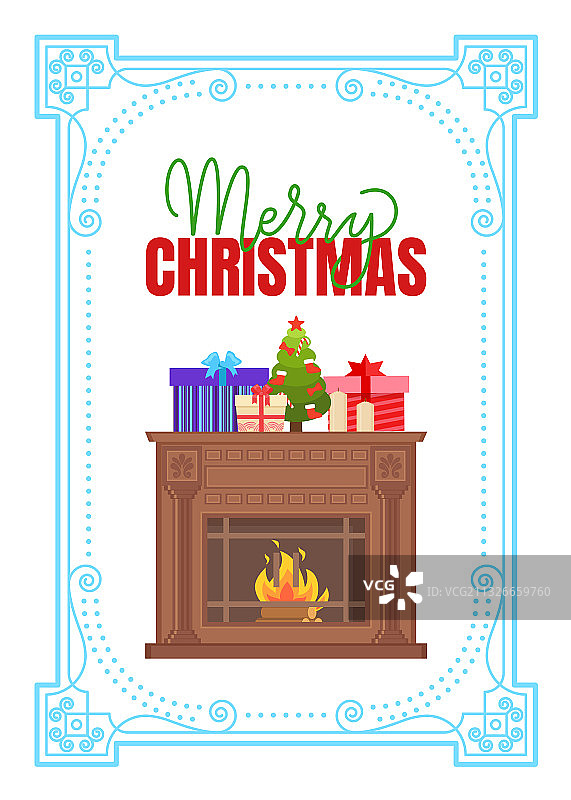 古董壁炉上的杉树和盒子图片素材