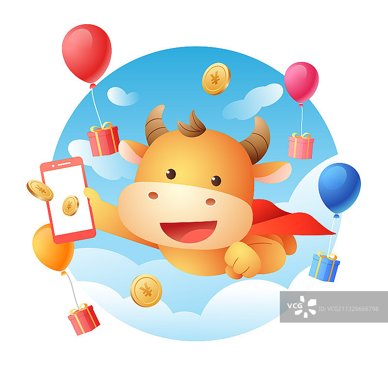 卡通牛系列之拿着手机在天上飞行图片素材