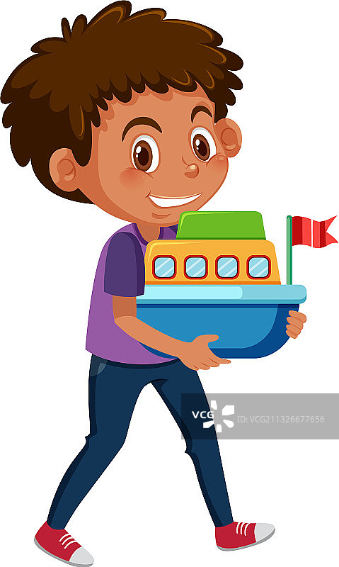 男孩拿着玩具船卡通形象图片素材