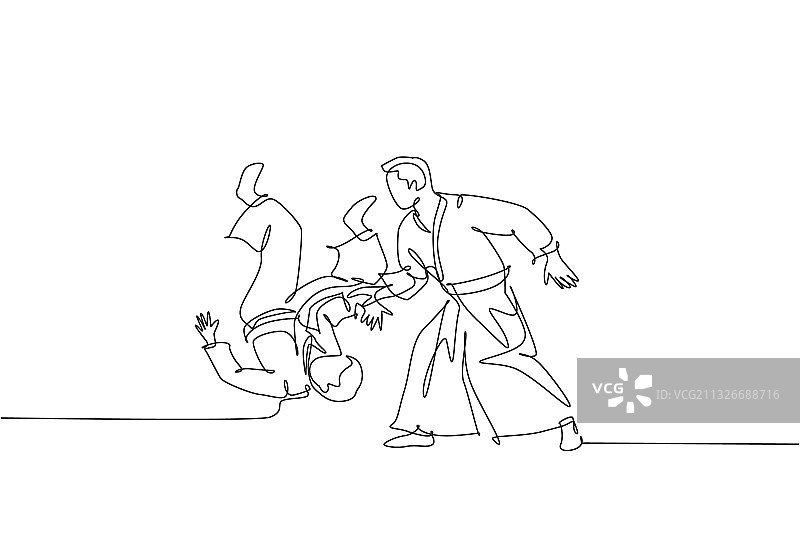 练习合气道的年轻男人连续线条画图片素材