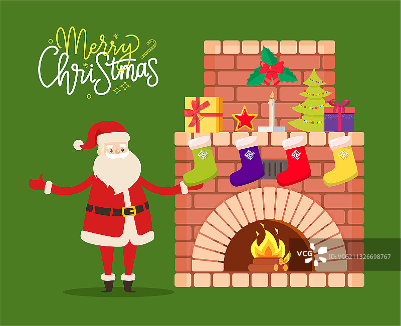 圣诞老人在装饰好的壁炉旁问候图片素材