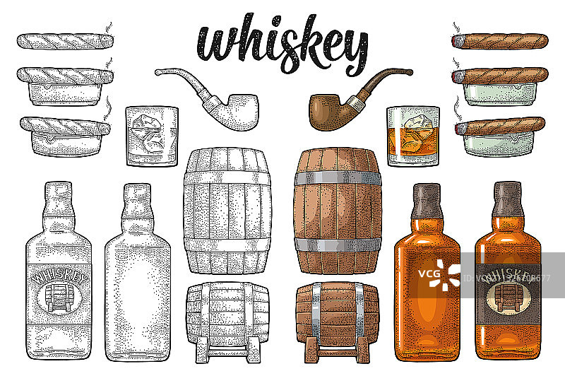 带冰块的威士忌酒杯和桶装酒瓶图片素材