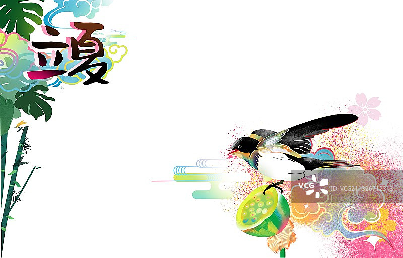 立夏夏天小景海报 小鸟与莲蓬图片素材