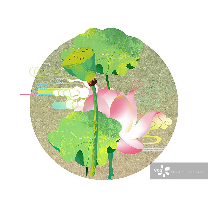 复古宣纸中国画传统景物夏天的荷塘莲花荷花莲藕荷叶莲蓬图片素材